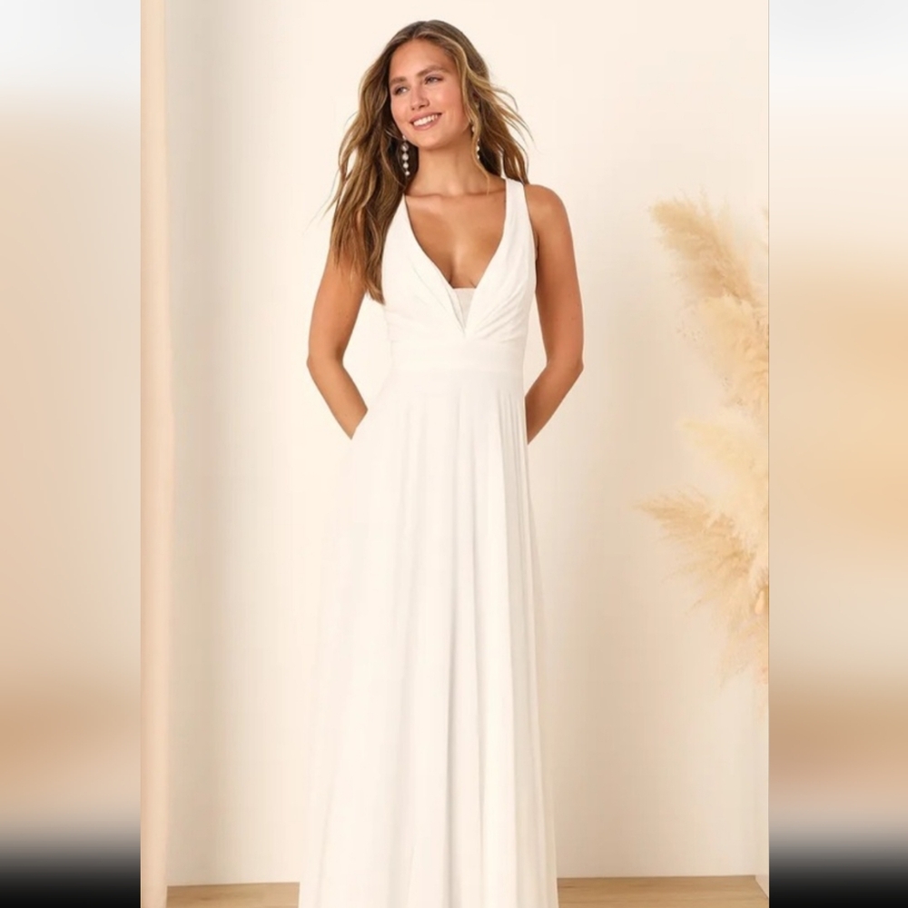 Lulus Modern Day Romance White Sleeveless Plunge Maxi Dress